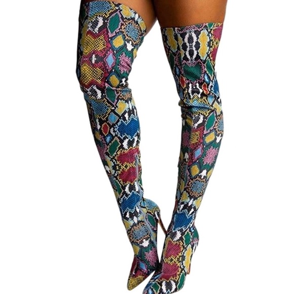 Shoes - NEW Multi-Colored Snakeskin Print Thigh High Boots